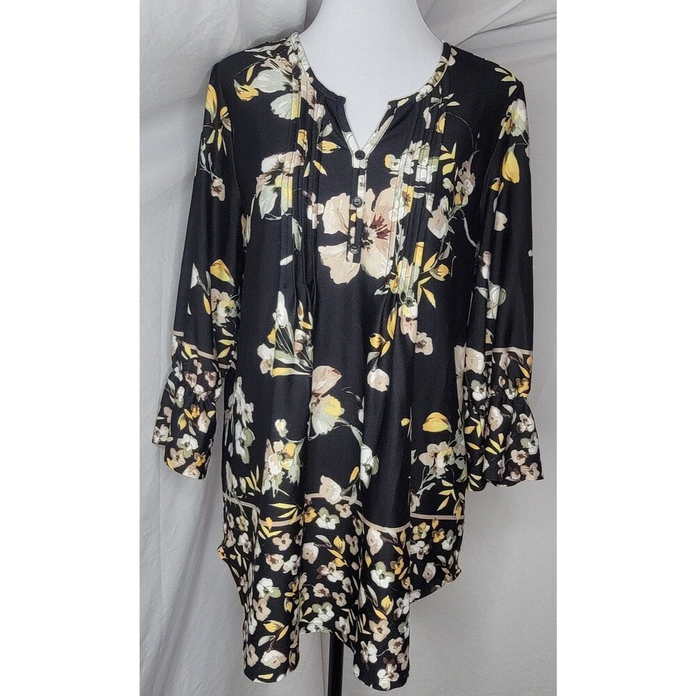 Women’s Large Black Yellow Floral Tunic Top 3/4 Bell Sleeve Boho Blouse N Touch